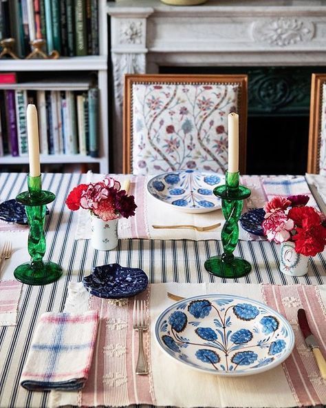 Bohemian Table Settings, Flower Dinner, Carolina Irving, Bohemian Table, Table Setting Inspiration, Information Overload, Floral Plates, Glass Candlesticks, Flower Plates