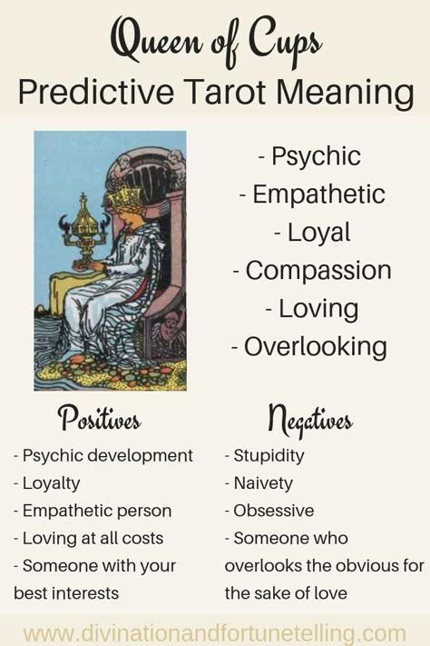 Art Illustration: In a Tarot card reading, the Queen of Cups in a spread can be a symbol of someone who is psychic, empathetic but who overlooks things out of love. This post includes a vintage and modern fortune telling meanings of the Queen of Cups, ideal for the advanced reader or those just learning the cards. These interpretations can be used with any of the decks (Rider Waite, Marseilles etc). Tarot Card Meanings Cheat Sheets, Queen Of Cups, Tarot Interpretation, Cups Tarot, Tarot Cards For Beginners, Learning Tarot Cards, Tarot Guide, Tarot Card Spreads, Tarot Book