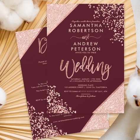 Rose gold glitter confetti all in one red wedding invitation Rose Gold And Red Wedding, Rose Gold And Burgundy Wedding Theme, Red And Rose Gold Wedding, Burgundy And Rose Gold Wedding, Rose Gold And Burgundy Wedding, Wedding Cricut, Block Typography, Grey Wedding Decor, Gold And Burgundy Wedding