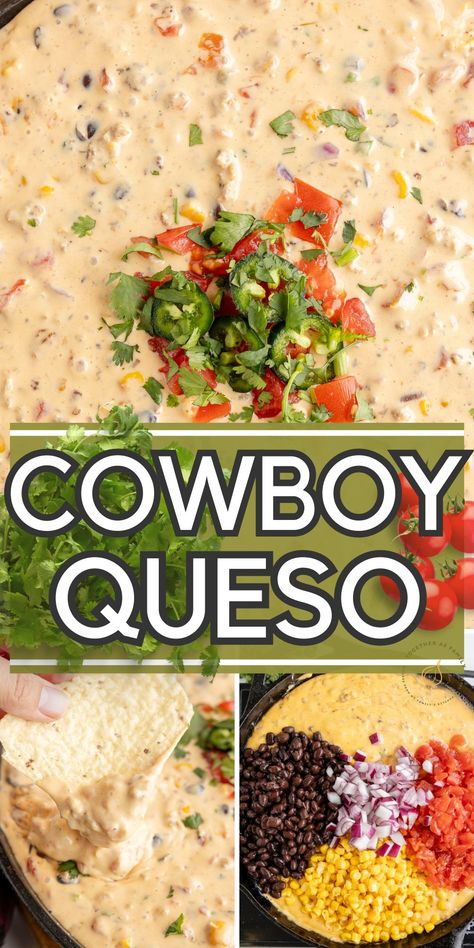 This Cowboy Queso recipe is the ultimate cheesy queso dip loaded with smooth velveeta cheese, beef, beans, Rotel, corn, and lots of cheese. It's the perfect appetizer or the best game day treat for football season. Cowboy Rotel Dip, Loaded Cowboy Queso Dip, Crockpot Football Dip, Queso Corn Dip Crockpot, Side Dishes For Tailgating, Crockpot Chip Dip Recipes, Spicy Cowboy Queso Dip, Mexican Velveeta Cheese Dip, Crockpot Velveeta Queso