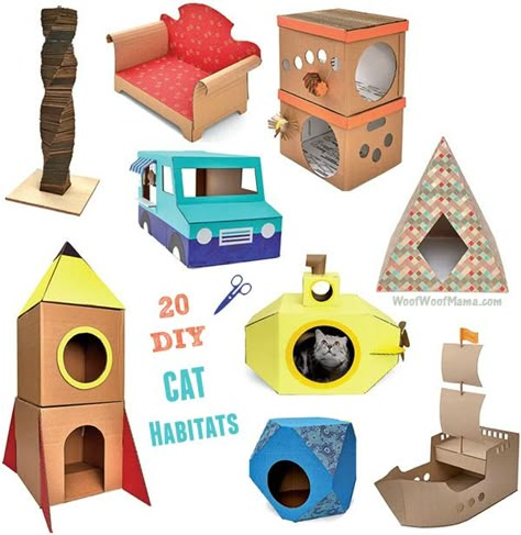 Looking for a great gift book for cat lovers or want to treat your own fancy feline to a new abode? Grab a copy of DIY Cat Castles: 20 Cardboard Habitats You Can Build Yourself and learn how to build homemade habitats with easy instructions and common materials. Shoeboxes and paper bags are fine for other cats. But your favorite felines deserve luxurious living spaces! This DIY construction guide includes fun and easy instructions for making cardboard trains, ships, food trucks, rockets, and... Katt Diy, Cat Habitat, Kat Diy, Cardboard Cat House, Cat Castle, Cat Houses, Build Yourself, Cat House Diy, Diy Cat Toys