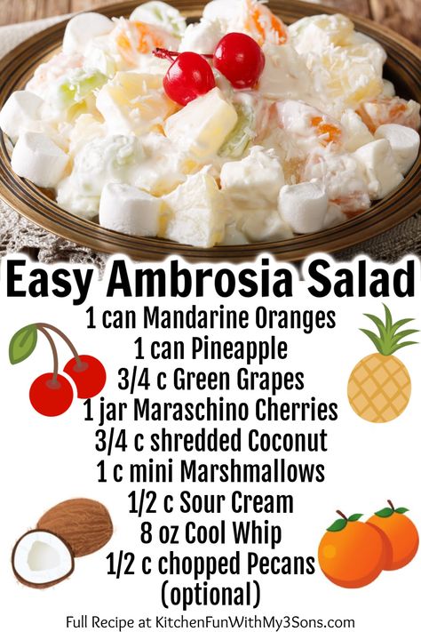 Best Ambrosia Salad, Easy Ambrosia Salad, Creamy Fruit Salad, Caramel Apple Salad, Pizza Fruit, Fruit Salad With Marshmallows, Ambrosia Recipe, Ambrosia Fruit Salad, Easy Fruit Salad Recipes