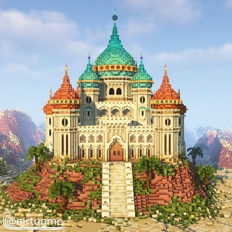 Here’s my first time ever building a desert castle and I’m super happy with how this one turned out! This might be a top 3 build for me… | Instagram Minecraft Amphitheater, Minecraft Desert Base, Minecraft Castle Builds, Minecraft Empire, Desert Castle, Minecraft Palace, Minecraft Temple, Moroccan Palace, Colorful Castle