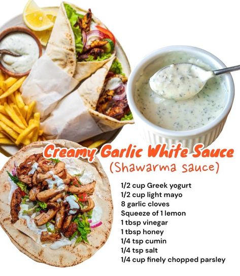 Recipe Journal Garlic White Sauce, Shawarma Sauce, Tasty Food Recipes, White Sauce Recipes, Mediterranean Kitchen, Recipe Journal, Giada De Laurentiis, Alkaline Foods, White Sauce