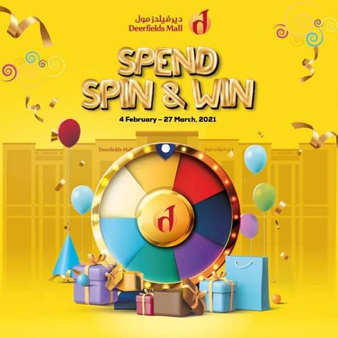 Spend, Spin & Win with Deerfields Mall. Spend AED 200 at any retail outlet or AED 500 at Carrefour and get a chance to Spin the Wheel to win instant prizes. Simply present your receipts at the stand in the main atrium on Level 2 for a chance to spin the wheel and win! Get shopping! Yalla! When: 4 February - 27 March, 2021 Shopping Mall Creative Ads, Mall Opening Event, Shopping Mall Advertising, Win Prizes Poster Design, Spin And Win Prize Wheel, Lulu Mall Lucknow, Products Ads, Spin And Win, Spin Wheel