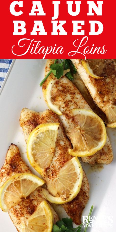 Cajun Baked Tilapia Loins by Renee's Kitchen Adventures - easy recipe for baked tilapia fish with lemon butter and creole seasonings that's cooked from frozen. Dinner ready in about 30 minutes! Tilapia Recipes Easy, Pollock Fish Recipes, Asian Fish Recipes, Mediterranean Fish Recipe, Tilapia Fish Recipes, Paleo Fish Recipes, Frozen Dinner, Recipes With Fish Sauce, Tilapia Fish