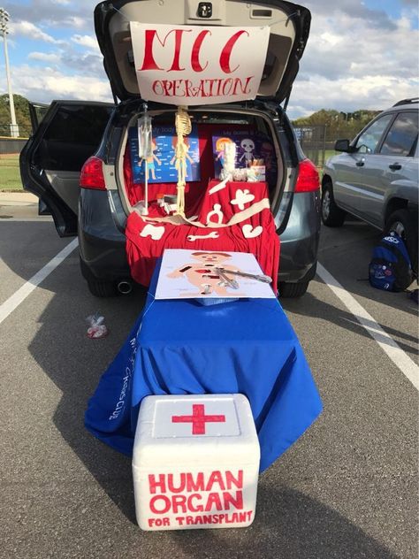 Trunk Or Treat Ideas Medical, Doctor Trunk Or Treat Ideas, Operation Trunk Or Treat Ideas, Operation Game Trunk Or Treat, Trunk Or Treat Ideas For Ambulance, Trunk Or Treat Nurse Ideas, Trunk Or Treat Operation Game, Operation Game Decorations, Nursing Halloween Decor