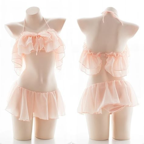 This exquisitely detailed peachy pink, black, or white girly lingerie set has bows and frills in all the right places, with a stunning lightweight chiffon material! Made of the highest quality materials that feel great against the skin, with stretchy elasticized bands for a comfortable and flexible fit! Ethereal! Ethereal Princess, Princess Lingerie, Cute Lingerie, Lingerie Outfits, Chiffon Material, Pretty Lingerie, Kawaii Clothes, Kawaii Fashion, Pajamas Women