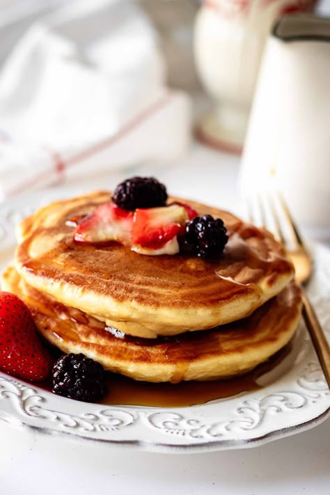 Pancakes for One | Our single serving pancake recipe is perfectly portioned for one person. It makes two delicious, light and fluffy pancakes. Get the easy recipe at Heavenly Home Cooking.