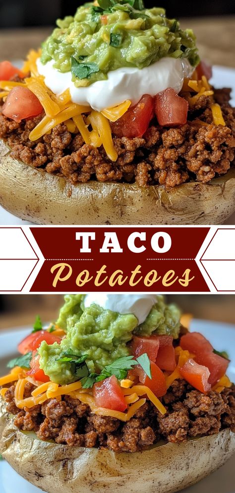 Sweet Snacks & Treats: Taco Potatoes Mexican Stuffed Potatoes, Taco Baked Potatoes, Baked Potato Tacos, Potato Tacos Recipe, Taco Stuffed Baked Potatoes, Taco Baked Potato, Taco Potatoes, Enchilada Bake, Stuffed Potatoes