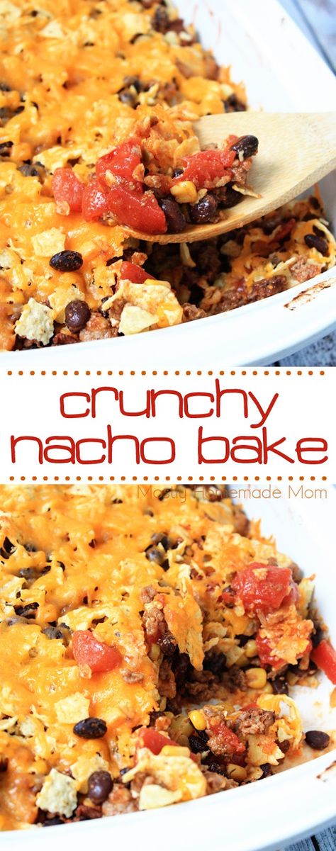 Crunchy Nacho Bake - the perfect weeknight dinner! If your family loves tacos and Mexican food, they will LOVE this casserole recipe! Nacho Bake, Recipes Nachos, Baked Nachos, Mexican Recipes, Casserole Recipe, Mexican Dishes, Tortilla Chips, Ground Beef Recipes, Main Dish Recipes