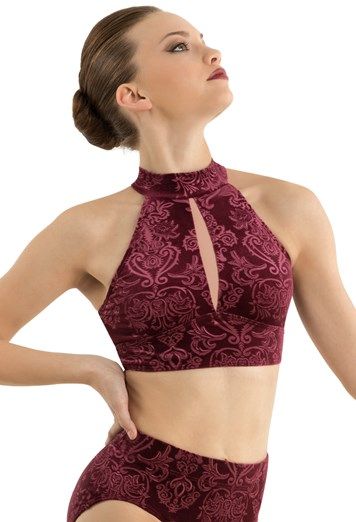 Pole Costume, Dance Clothes Practice, Pole Outfits, Spring Crop Tops, Lyrical Dresses, Embossed Velvet, Contemporary Dance Costumes, High Neck Collar, Jazz Costumes