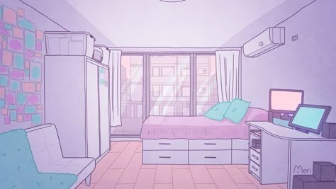 Laptop On Bed, Room Perspective Drawing, Dorm Room Pictures, Room Perspective, Bed Drawing, Anime Houses, Dorm Room Layouts, Club Bedroom, Anime House