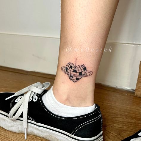 Disco Ball Heart Tattoo, Heart Disco Ball Tattoo, Mirror Ball Tattoo, Mirrorball Tattoo, Disco Ball Tattoo, Ball Tattoo, Simple Sayings, Fineline Tattoo, Taylor Swift Inspired