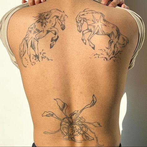 Russian Art Tattoo, Horse Tattoos Ideas, Horse Tattoo Back, Horse Back Tattoo, Horse Tattoo Ideas, Symmetrical Tattoos, Tattoo Horse, Horse Tattoos, Backpiece Tattoo