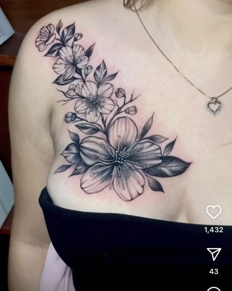 Shoulder Tattoo For Woman, Orchid Chest Tattoo, Collar Bone And Shoulder Tattoo, Pretty Chest Tattoo Female, Upper Breast Tattoo For Women, Tattoo Women Chest, Full Chest Tattoo Female, Rose Tattoo On Chest, Chest Cover Up Tattoo Female