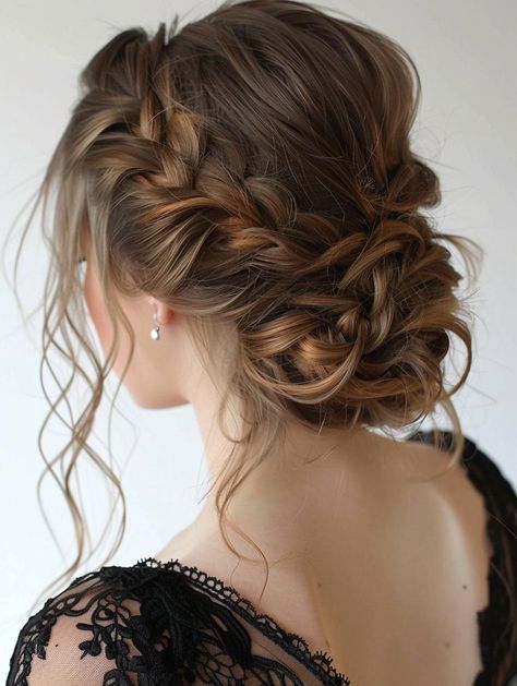 Master the Perfect Messy Bun for Long Hair with Our Style Guide Low Messy Bun Wedding Hair Bridesmaid Side Braids, Hoco Messy Bun, Formal Messy Bun Hairstyles, Bun Updos For Prom, Hairstyles For Long Hair Formal Event, Messy Bun For Wedding Bridesmaid, Formal Updo Long Hair, Wedding Hairstyles Bun Messy, Messy Bun Wedding Guest