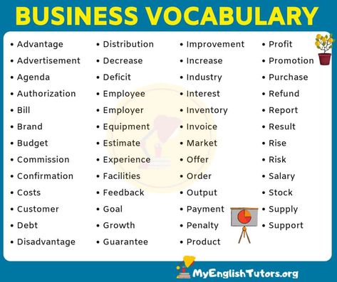 Business Words | List of 50+ Important Words Used in Business - My English Tutors Business Words List, Business Words To Use, Business Vocabulary Words, Bussines English Words, Other Words For Good, Words For Good, Business English Vocabulary, Business Words, Business Vocabulary