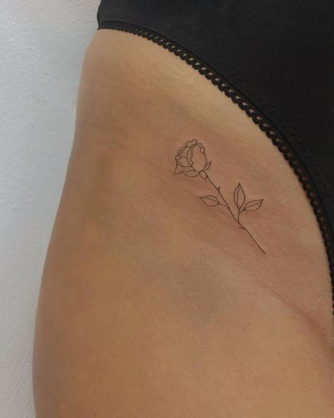 Fine Line Rose Tattoo, Line Rose Tattoo, Fine Line Rose, Rose Tattoo On Hip, Rib Tattoos For Women, Small Shoulder Tattoos, Small Heart Tattoos, Fineline Tattoo, Tattoos For Women Flowers