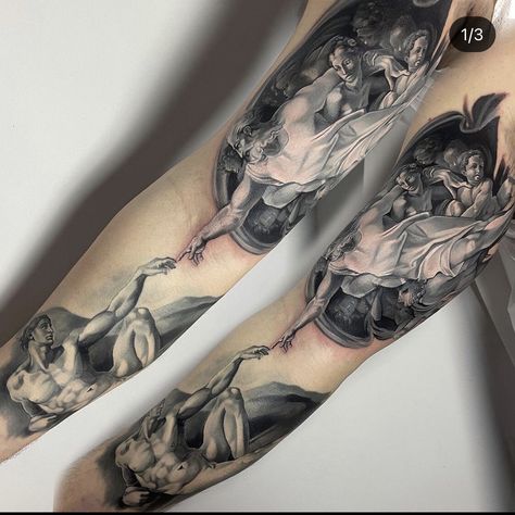 Adam And Eve Sleeve Tattoo, Creation Of Adam Tattoo Forearm, The Creation Of Adam Tattoo, Eddie Tattoo, Michelangelo Tattoo, Creation Of Adam Tattoo, Adam Tattoo, Left Arm Tattoos, Eros And Psyche