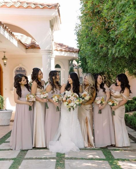 We love a mix of shiny textures and soft hues for spring ✨💘 Featuring the Chiffon and Shiny Satin bridesmaid dresses in Neutral Champagne and Taupe #BIRDYGREY #birdyinthewild Bride: @elephanniee Photographer: @victoriamasaiphoto Venue: @villadeamore Bridesmaid Color, Nude Dresses, Taupe Bridesmaid, Mauve Bridesmaid, Mauve Bridesmaid Dress, Ivory Bride, Taupe Bridesmaid Dresses, Neutral Bridesmaid Dresses, Italian Theme