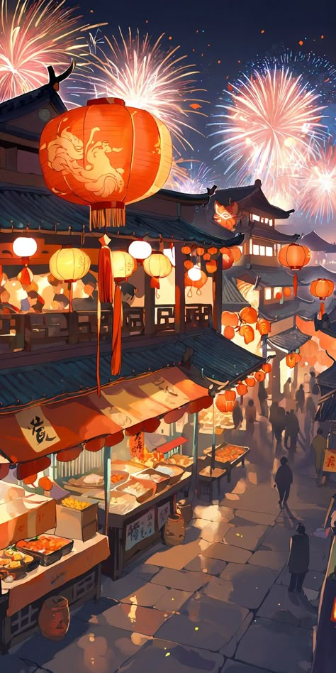 Chinese celebration Chinese Market Street, Chinese Town Drawing, Japanese Festival Background, Chinese New Year Aesthetic Wallpaper, Lunar New Year Festival, Chinese New Year Cute Illustration, Chinese Festival Drawing, Chinese Culture Illustration, Chinese Festival Illustration