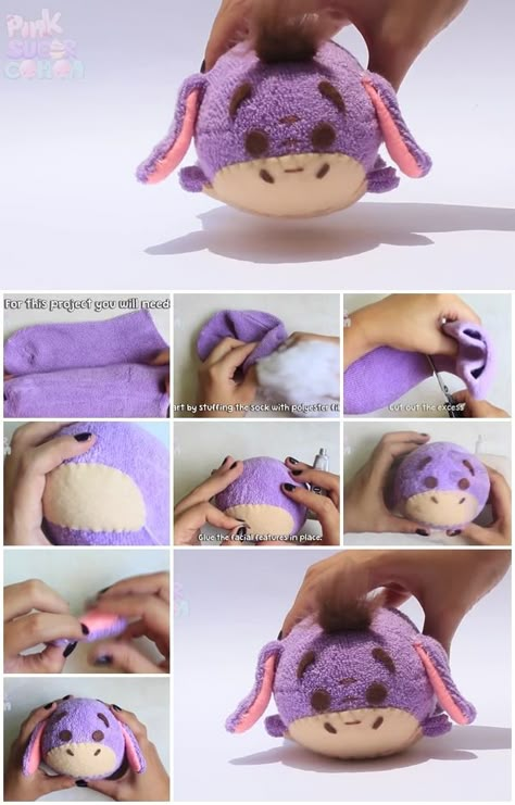 How to Make Eeyore sock plush. great toy for baby or anyone who loves Eeyore.Great gift.Great how to video. Sock Plushies Diy Easy, Sock Dolls How To Make Videos, Sock Plushies Diy, Eeyore Gift Ideas, Diy Sock Plushies, How To Make Plushies Out Of Socks, Eeyore Crafts, How To Make A Stuffed Animal Out Of A Sock, How To Make Stuffed Animals Out Of Socks