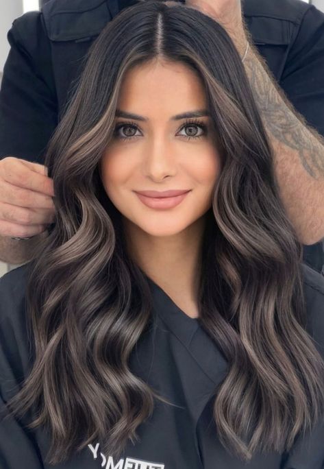 Dark Silver Balayage, Espresso Ash Brown Hair, Dark Roots Brunette Balayage, Deep Ashy Brown Hair, Balayage Brunette With Money Piece, Dark Brown Money Piece On Black Hair, Medium Short Black Hair, Dark Ashy Brunette Hair, Ash Brown Hair Green Eyes