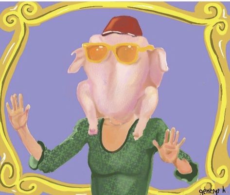 Digital painting of Monica from friends with a turkey on her head Monica With Turkey On Head, Monica Geller Thanksgiving, Friends Turkey Head, Monica From Friends, Monica Friends, Window Paint, Turkey Images, Friends Illustration, Monica Geller