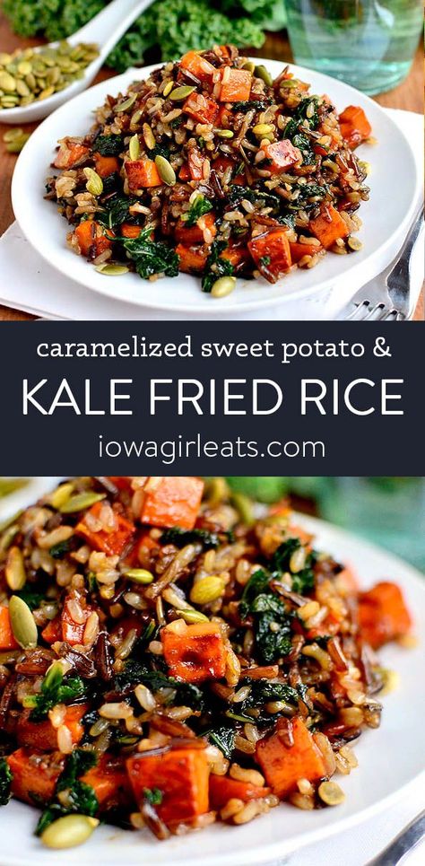 Wild Rice And Sweet Potatoes, Wild Rice Fried Rice, Kale Fried Rice, Wild Rice Stir Fry, Wild Rice And Sweet Potato Recipes, Fried Wild Rice, Sweet Potato Fried Rice, Kale Stir Fry Recipes, Sweet Potato And Kale Recipes