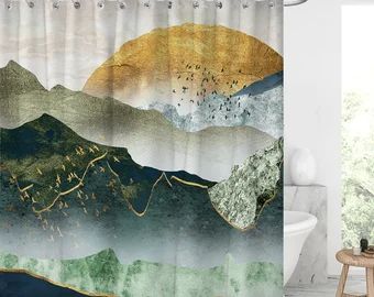 Shower curtain abstract | Etsy UK Asian Anime, Shower Curtain Blue, Kids Bathroom Ideas, Shower Curtain Ideas, Boho Shower Curtain, Curtain Ideas, Kids Bathroom, Water Slides, Shower Curtains