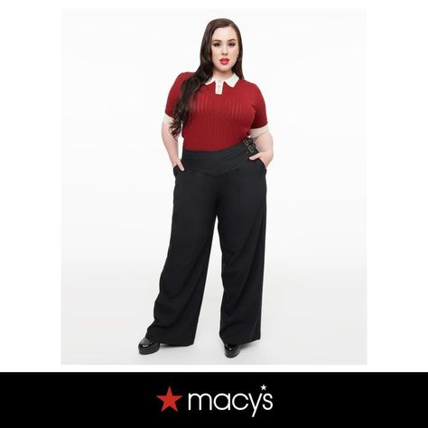 These gorgeous plus size high waisted trousers are crafted in a sturdy woven fabric. Featuring a wide leg silhouette and attached double belt embellishment.#SummerBusinessCasualOutfits #ComfyCasualOutfits #PlusSizeSummerFashion Fashion For Short Curvy Body Types, Corporate Goth Plus Size, Plus Size Retro Fashion, Curvy Work Outfit, Summer Business Casual Outfits, Plus Size Summer Fashion, Female Office, Double Belt, Comfy Casual Outfits