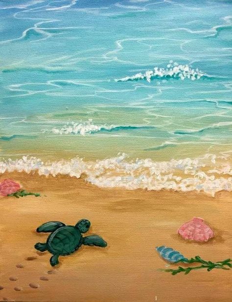 Sea Turtle On Beach Painting, Beach Turtle Painting, Turtle Ocean Painting, Painting Of Sea Turtle, Turtle On The Beach Painting, Ocean Painting On Wood, Cute Beachy Paintings, Painting Canvases Aesthetic, Sea Turtle Painting Easy