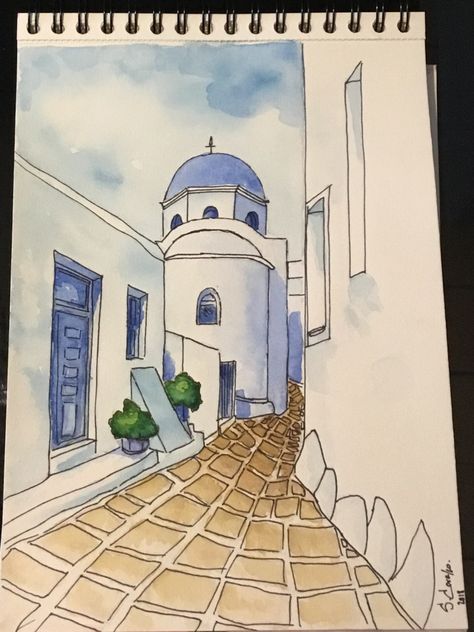 Santorini Sketch, Sketching Buildings, Travel Bujo, Greece Pics, Greece Drawing, Greek Motifs, Greek Town, Greek Paintings, Zeus And Hera