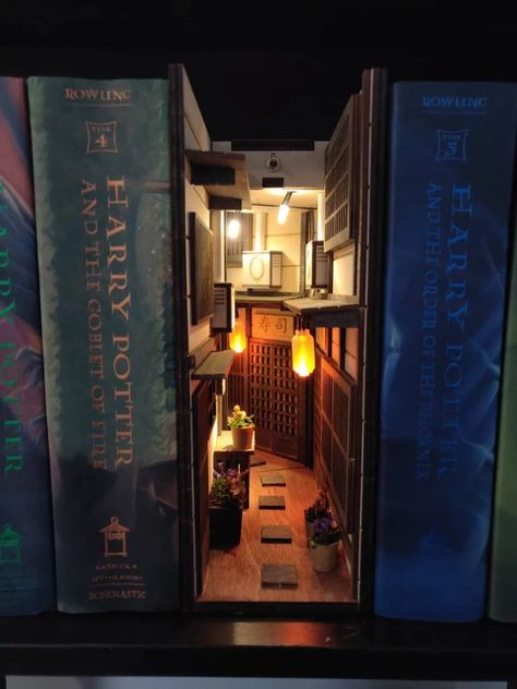 DIY Harry Potter Shelf | 10 Bookshelf Dioramas That Are Basically Works of Art | POPSUGAR Home Photo 11 Bookshelf Alley, Japanese Bookshelf, Book Nook Shelf Insert, Book Nook Shelf, Bookshelf Insert, Shelf Insert, Bookshelf Art, Stone Walkway, Italian Countryside