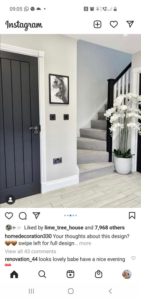 Grey Home Ideas, Grey Skirting Boards Grey Walls, Grey Hall Stairs And Landing, Hallway Decorating Black And White, Grey Woodwork Hallway, Black Grey And White Hallway, Grey Hallway Doors, Grey Staircase Ideas, Hallway Grey Floor