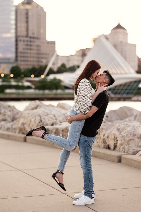 Downtown Couple Photoshoot Summer, Couple Photoshoot Downtown, Downtown Chicago Couple Pictures, Milwaukee Engagement Photos, Milwaukee Skyline, Downtown Indianapolis Engagement Photos, Lake Engagement Photos, Lake Engagement, Engagement Photography Poses