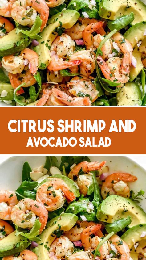 Because of the pan-seared shrimp with citrus flavors, creamy avocado, and the crunch of sliced almonds, this straightforward yet incredibly delectable... Shrimp Salad Dressing, Avocado Shrimp Salad, Shrimp Avocado Salad Recipe, Shrimp And Avocado Salad, Citrus Shrimp, Avocado Shrimp, Seared Shrimp, Shrimp And Avocado, Shrimp Avocado Salad