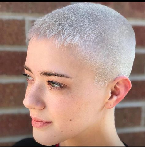 Steel Silver hair #avedamadison Silver Buzzcut, Chelsea Haircut, Florida Hair, Bald Beauty, Buzz Cut Women, Silver Knife, Shaved Pixie, Shaved Hair Cuts, Short Shaved Hairstyles