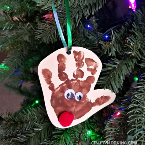 Handprint Reindeer Ornaments Handprint Reindeer, Toddler Ornaments, Reindeer Handprint, Ornaments Diy Kids, Jul Diy, Dough Ideas, Crafty Morning, Handprint Ornaments, Handprint Christmas