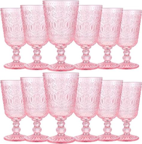 Amazon.com | Wine Glasses Set of 12 Vintage Goblet 9 oz Vintage Colored Glass Goblet Beverage Stemmed Glass Cups Romantic Embossed Glassware for Wedding Party Holidays Anniversary (Pink): Wine Glasses Embossed Glassware, Pink Wine Glasses, Vintage Goblets, Pink Cups, Pink Wine, Glass Cups, Glass Cup, Vintage Colors, Wine Glasses