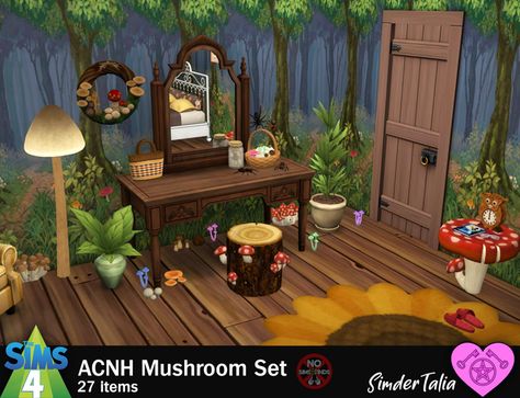 🍄 ACNH Mushroom Set 🍄 | Patreon Acnh Mushroom, Mushroom Items, Sims 4 Base Game, Log Chairs, Poly Chair, Zombie Christmas, Spider Wall, Owl Clock, Little Miss Muffet