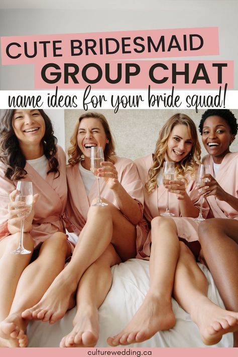 90 Cute Bridesmaid Group Chat Names Perfect For Bridal Groups Bachelorette Group Chat Names, Bridal Party Group Chat Names, Bridal Party Names, Wedding Group Chat Names, Bachelorette Name Ideas, Bridesmaid Group Chat Name, Bachelorette Party Names, Group Chat Photo Ideas, Bride Tribe Ideas