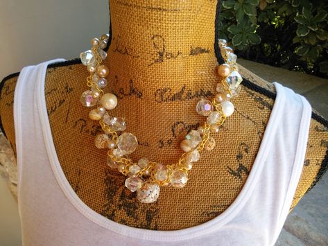 Summer Splash!  Use Code: 20OFF   Crystal and Pearl Bridal Crocheted Handmade Statement Necklace, Multi-Strand Statement Necklace Beaded Baubles, Handmade Statement Necklace, Thick Necklace, Roman Jewelry, Gold Circle Necklace, Chunky Statement Necklace, Saltwater Pearls, Pearl Jewelry Necklace, Gold Cross Necklace