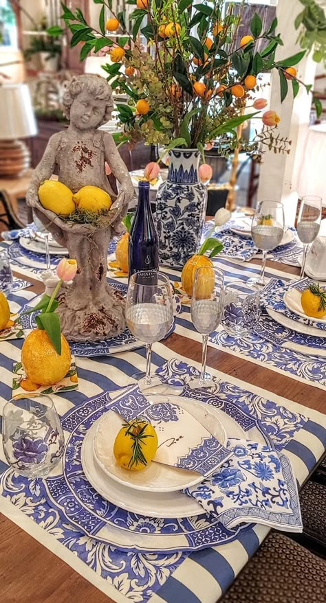 Blue And White Lemon Decor, Italy Table Decor, Blue And Lemon Table Setting, Blue White And Yellow Table Setting, Blue White Lemon Tablescape, Blue Brunch Decor, Mother’s Day Table, Blue And Yellow Table Setting, Mothers Day Table Setting