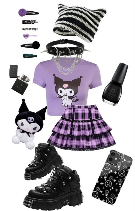 Kuromi Inspired Outfit, Cheap Aesthetic, Kuromi Outfit, Kuromi Clothes, Sanrio Outfits, Purple Gloves, Baby Sensory Play, Kitty Clothes, Hello Kitty Clothes