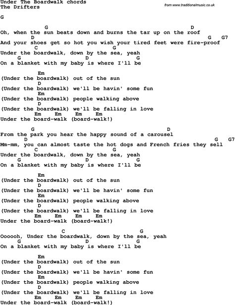 Song Lyrics with guitar chords for Under The Boardwalk - The Drifters Simple Guitar, Under The Boardwalk, Easy Ukulele Songs, The Drifters, Ukulele Chords Songs, Easy Guitar Songs, Guitar Tabs Songs, Acoustic Guitar Lessons, Ukulele Music