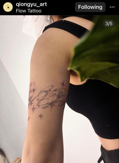 Cloud Wrap Around Tattoo, Space Dust Tattoo, Celestial Line Tattoo, Champagne Supernova Tattoo, Around The Arm Tattoo, Whimsical Tattoos For Women, Ethereal Tattoo Ideas, Moon Tattoo Shoulder, Dreamy Tattoo Ideas