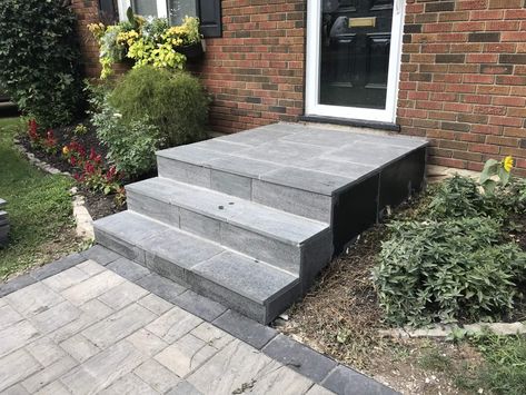 Front Steps Ideas Concrete Entrance, Pavers On Top Of Concrete Patio, Concrete Overlay Patio, Pavers Over Concrete, Paver Sidewalk, Concrete Front Steps, Cement Steps, Paver Installation, Concrete Front Porch