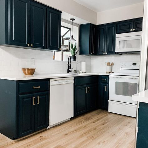 Kitchen Cabinets Painted in Sherwin Williams Dark Night - Interiors By Color Sherwin Williams Dark Night, Teal Kitchen Cabinets, Teal Cabinets, Night Kitchen, Acorn House, Wrapped In A Blanket, Sherwin Williams Paint, Kitchen Cupboards Paint, Teal Kitchen